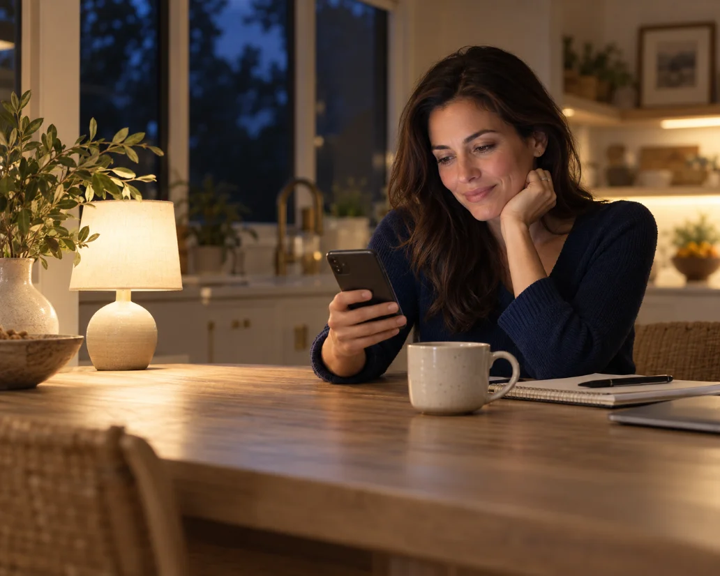 Parent on phone at night, kitchen lamp